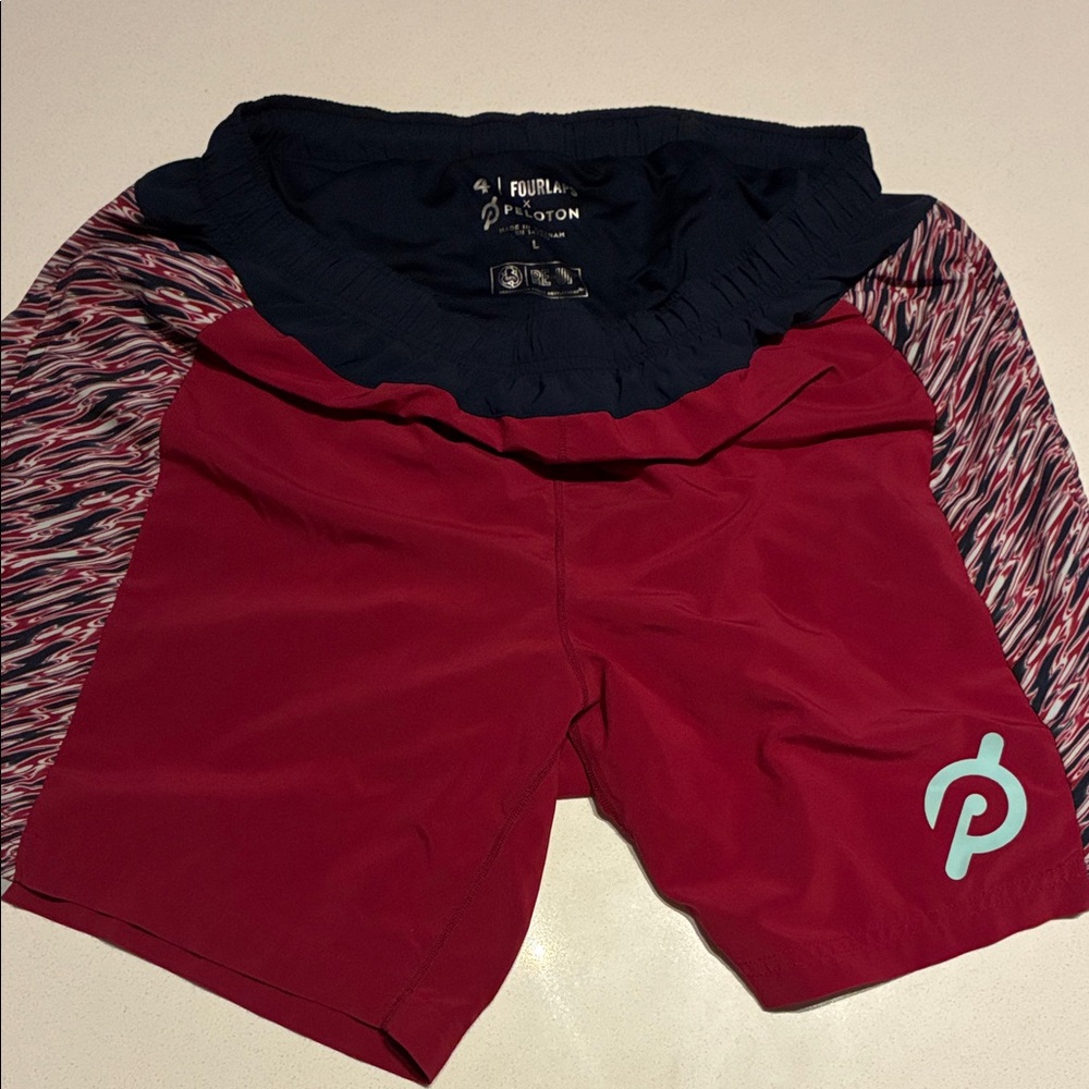 Peloton X Four Laps Red and Navy Patterned Shorts